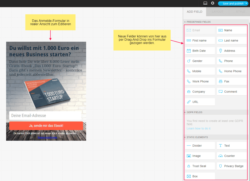 Newsletter-Marketing-Anmelde-Formular für mobile Geräte
