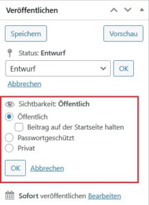 Passwortschutz-Option bei Status und Sichtbarkeit deiner Seiten und Beiträge